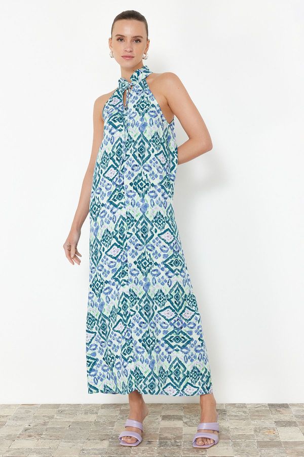 Trendyol Trendyol Blue Shawl/Ethnic Patterned Straight Cut Halter Collar Viscose Maxi Woven Dress