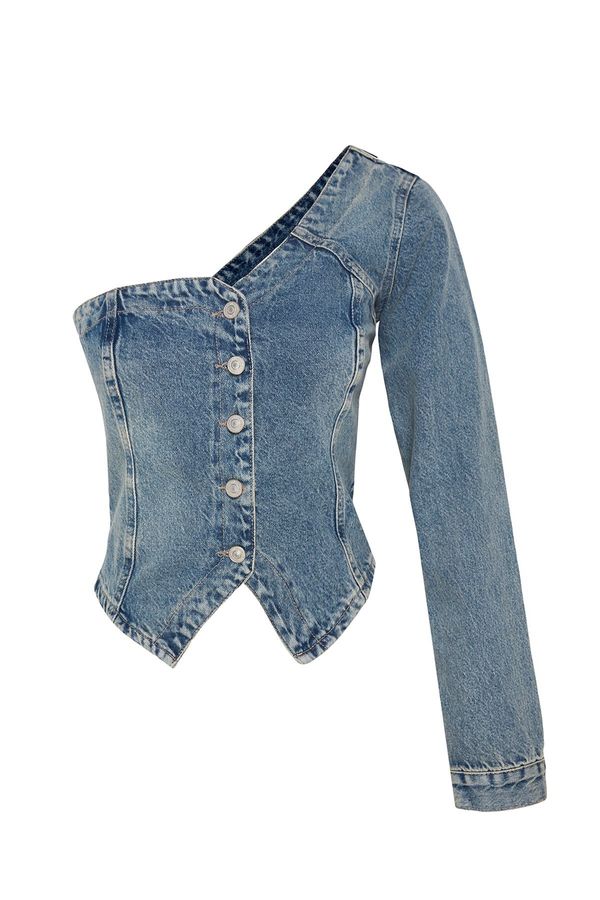 Trendyol Trendyol Blue Single Sleeve Denim Blouse with Stitching Detail