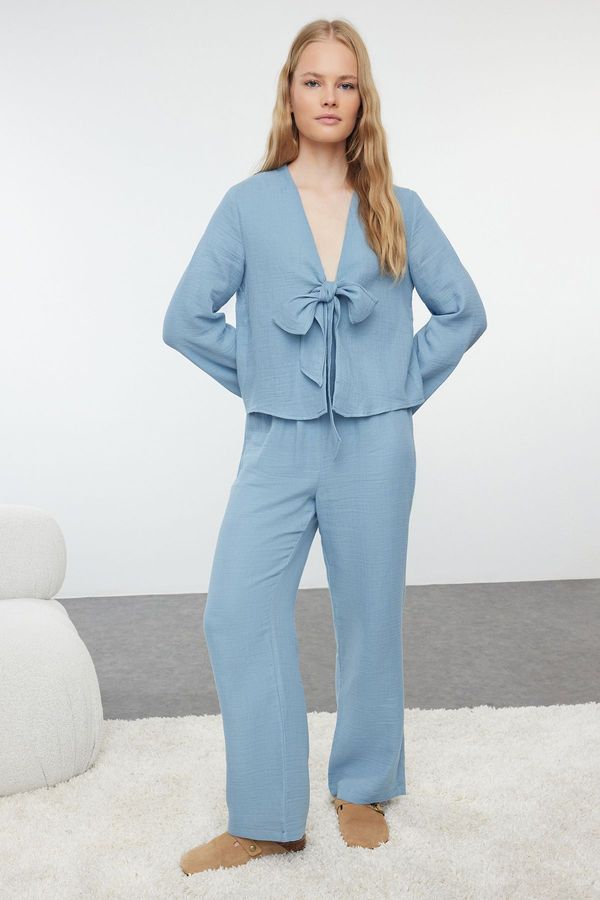 Trendyol Trendyol Blue Solid Tie Detail Muslin Woven Pajama Set