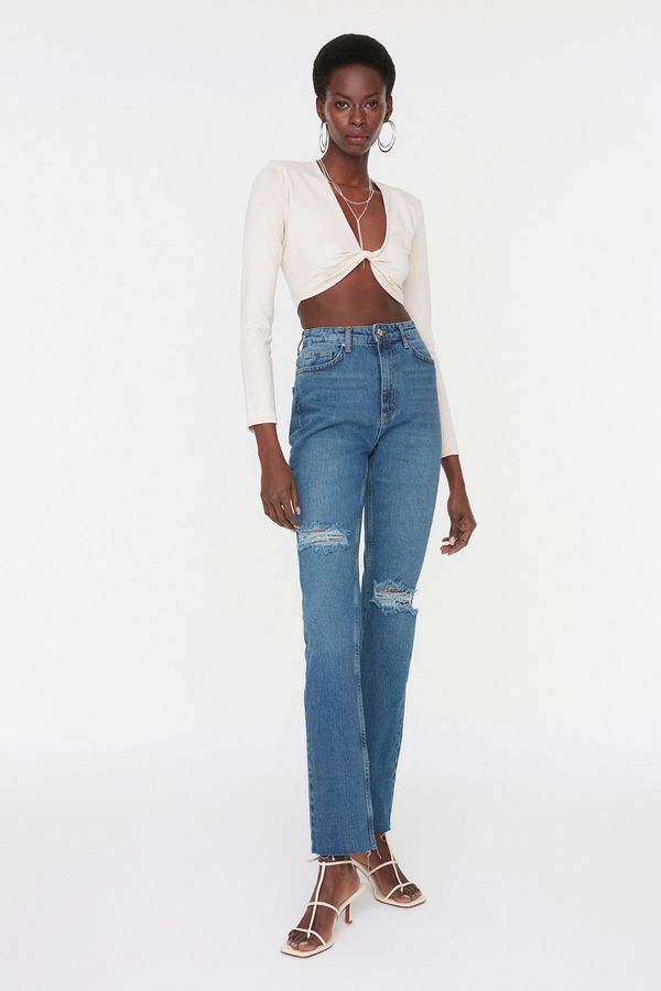 Trendyol Trendyol Blue Split Detailed High Waist Flare Jeans with Ripped Detail