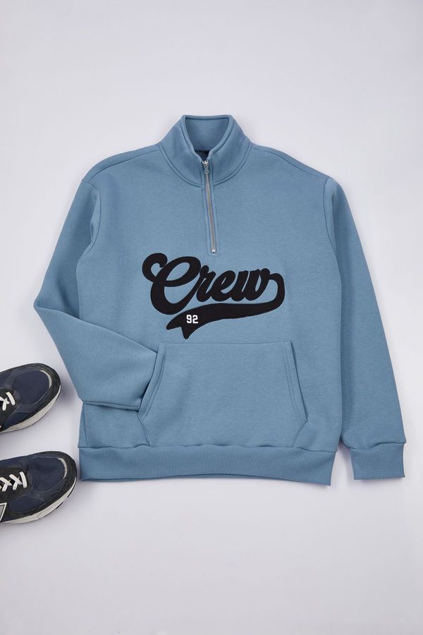 Trendyol Trendyol Blue Stand-up Collar Oversize/Wide Cut Text Embroidered Sweatshirt