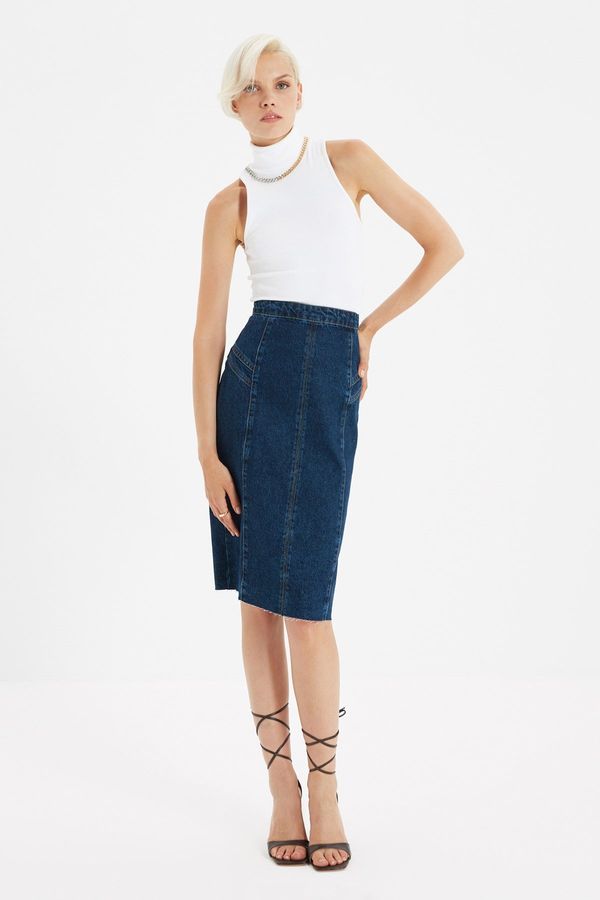 Trendyol Trendyol Blue Stitch Detail Slit Midi Denim Skirt