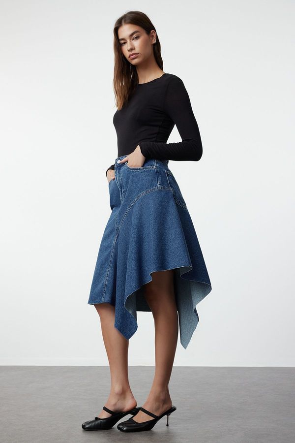 Trendyol Trendyol Blue Stitch Detailed Asymmetric High Waist Midi Denim Skirt