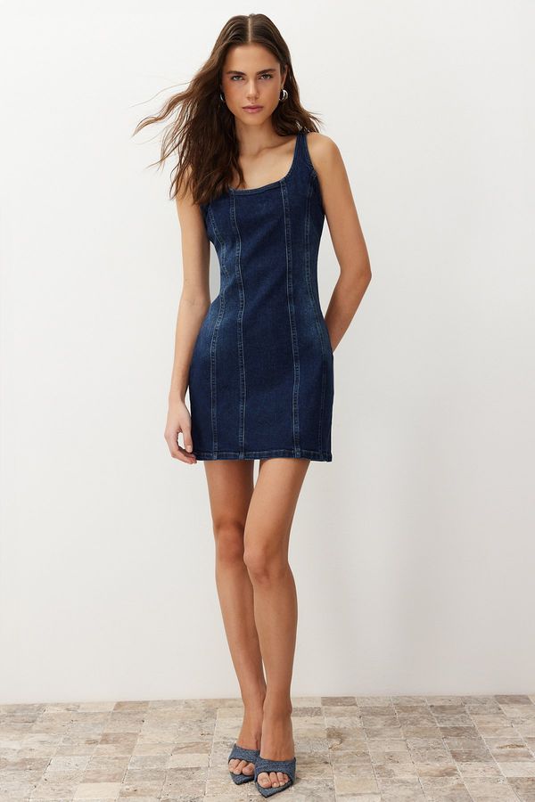 Trendyol Trendyol Blue Stitching Detailed Fitted Mini Denim Dress