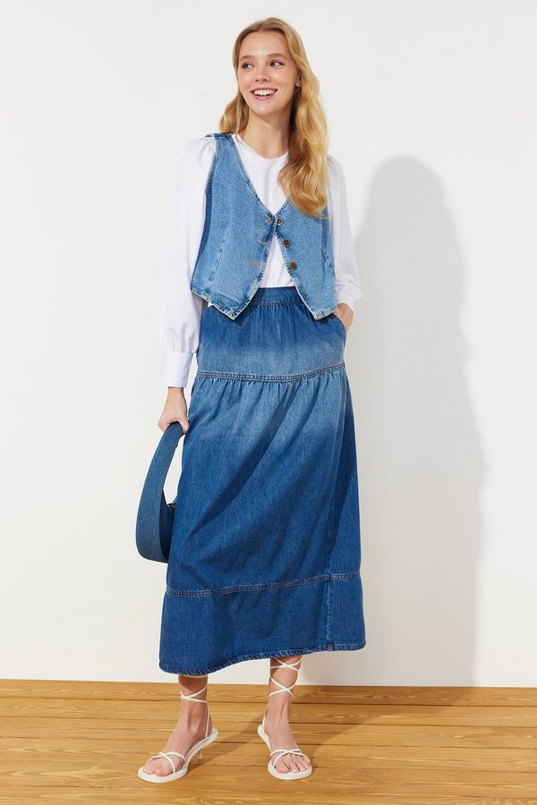 Trendyol Trendyol Blue Stitching Detailed High Waist Maxi Denim Skirt