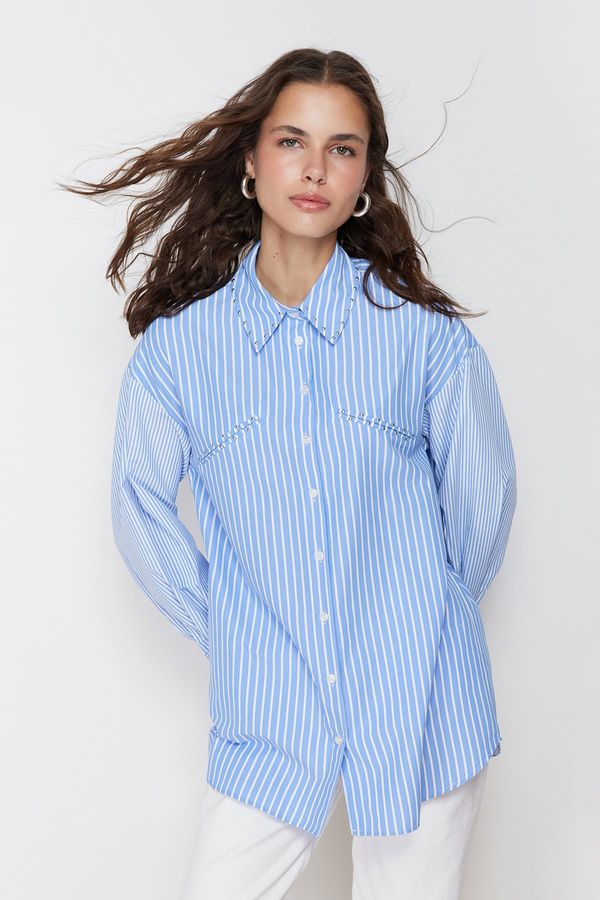 Trendyol Trendyol Blue Stone Detailed Cotton Woven Striped Shirt