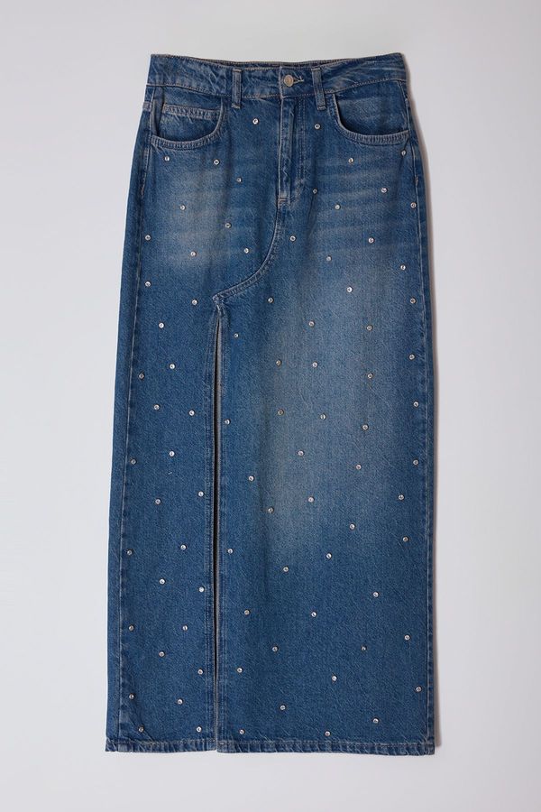 Trendyol Trendyol Blue Stone Detailed High Waist Maxi Denim Skirt