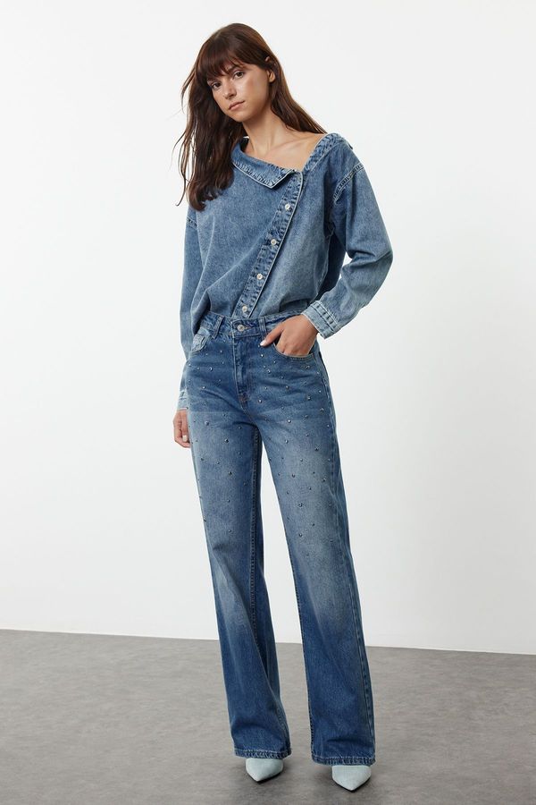 Trendyol Trendyol Blue Stone Detailed High Waist Wide Leg Jeans