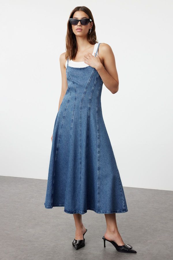 Trendyol Trendyol Blue Strappy Maxi Denim Dress with Stitching Detail