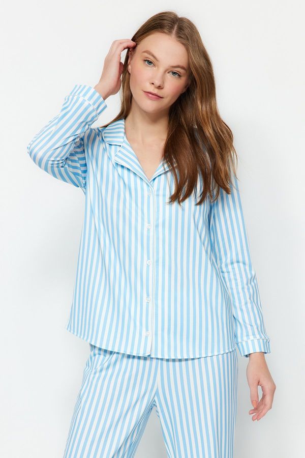 Trendyol Trendyol Blue Stripe Patterned Piping and Fleece Lined Shirt-Pants Knitted Pajama Set