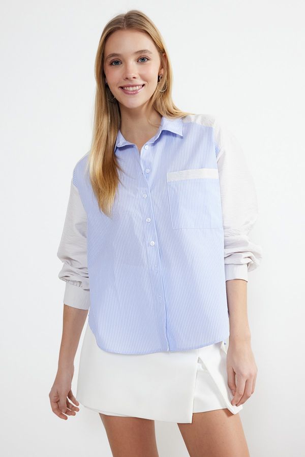 Trendyol Trendyol Blue Striped Color Blocked Parachute Garni Fabric Oversize/Wide Fit Woven Shirt