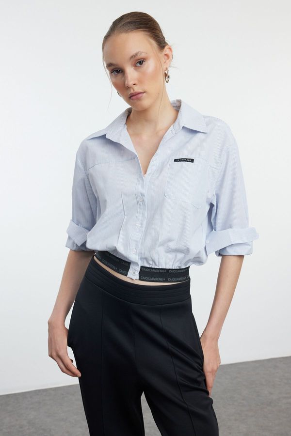 Trendyol Trendyol Blue Striped Crop Shirt with Elastic Hem and Label Detail