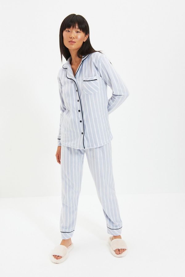 Trendyol Trendyol Blue Striped Piping Detailed Sleep Tape Knitted Pajama Set