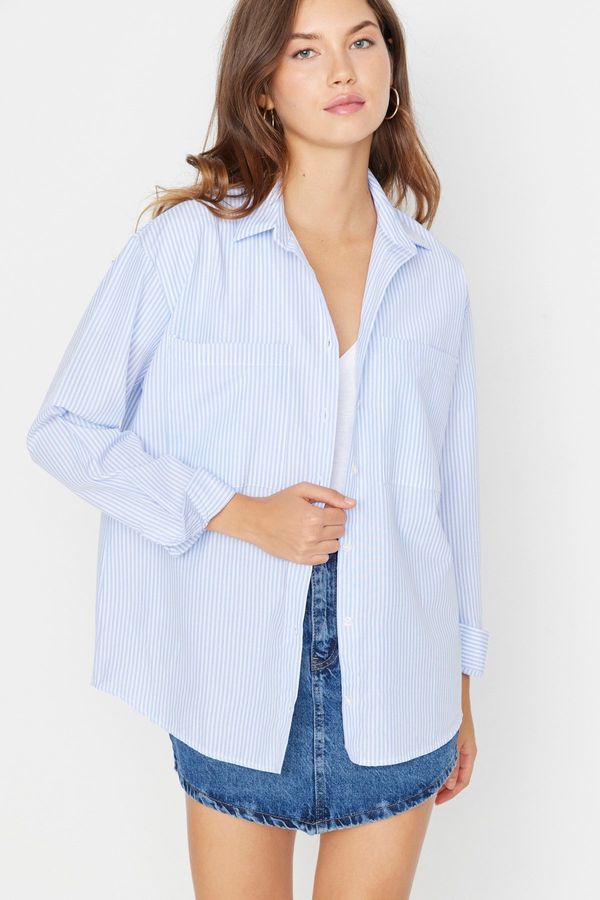 Trendyol Trendyol Blue Striped Pocket Detailed Oversize/Crosssuit Woven Shirt