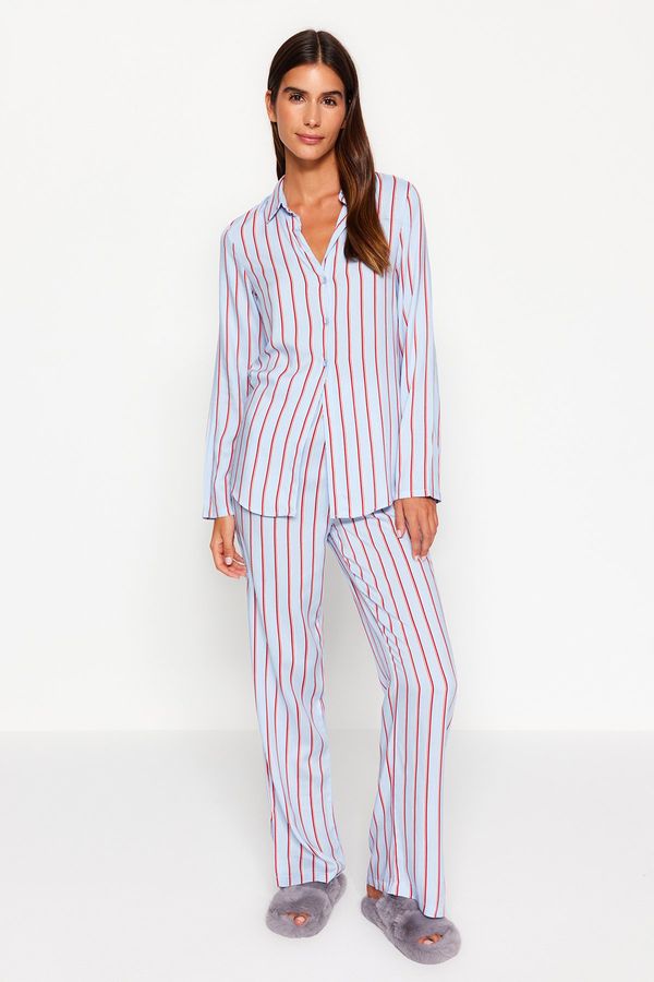 Trendyol Trendyol Blue Striped Slit Detailed Shirt-Pants Woven Pajamas Set