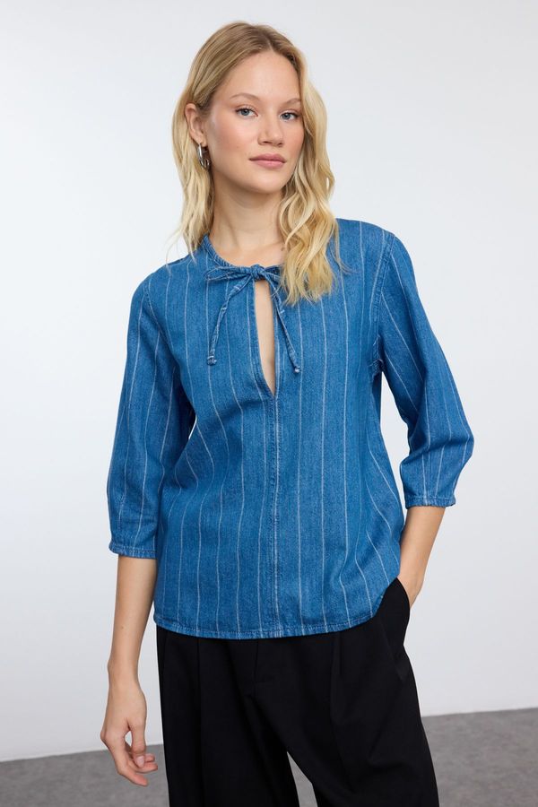 Trendyol Trendyol Blue Striped Tie-Down Denim Shirt