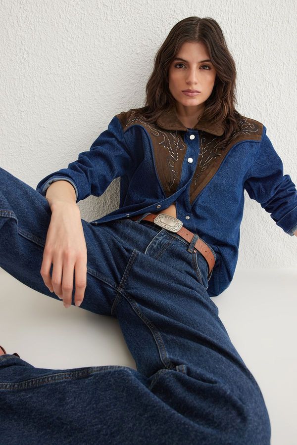 Trendyol Trendyol Blue Suede Collar Stone Embroidery Detailed Denim Jacket