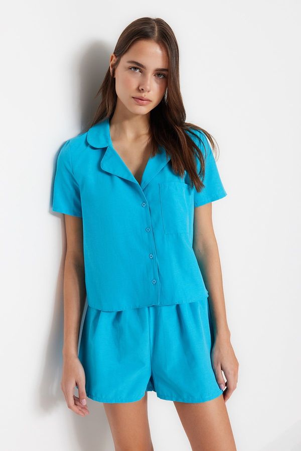 Trendyol Trendyol Blue Terrycotton Shirt-Shorts Woven Pajama Set