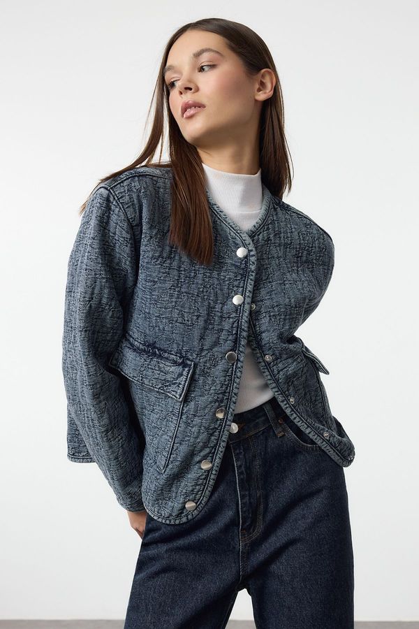 Trendyol Trendyol Blue Textured Pocket Detailed Oversize Denim Jacket