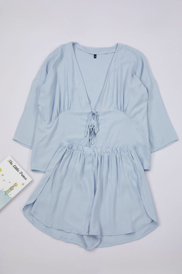 Trendyol Trendyol Blue Tie/Ribbon Bow/Detailed Viscose Woven Pajama Set