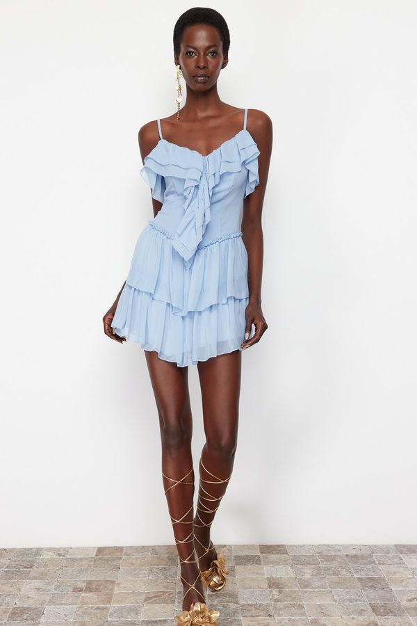 Trendyol Trendyol Blue Waist Opening/Skater Ruffle Chiffon Dress