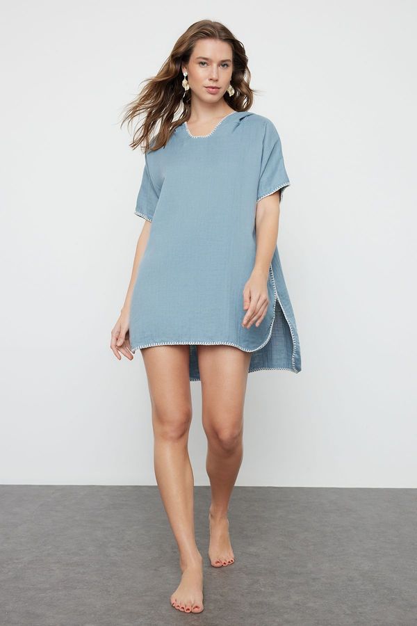 Trendyol Trendyol Blue Wide Fit Mini Woven Embroidery Muslin Beach Dress