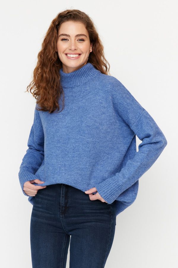 Trendyol Trendyol Blue Wide Fit Soft Textured Stand-Up Collar Knitwear Sweater