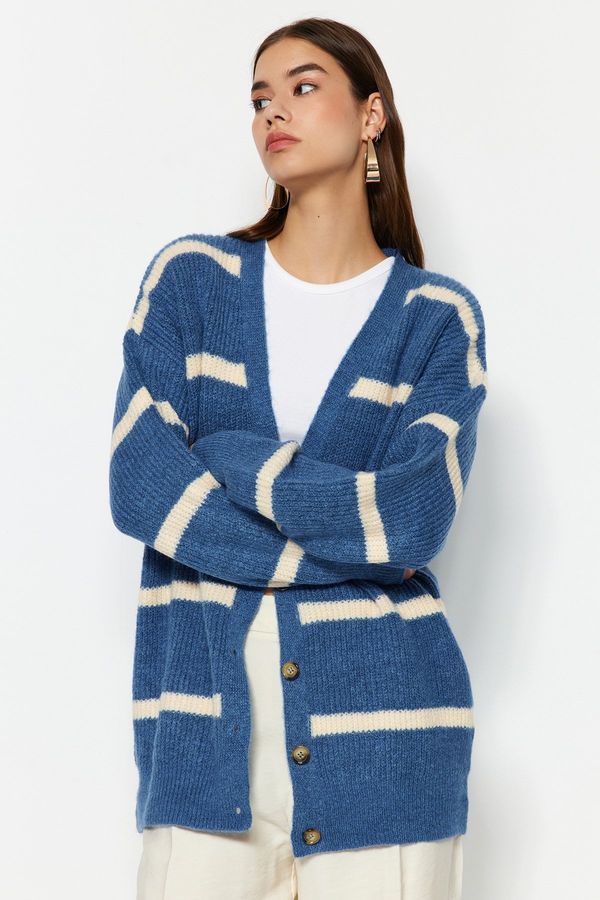 Trendyol Trendyol Blue Wide Fit Soft Textured Striped Knitwear Cardigan