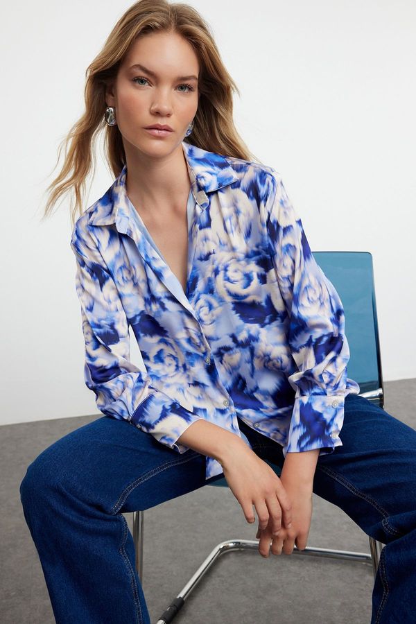 Trendyol Trendyol Blue Woven Satin Rose Patterned Oversize Wide Fit Shirt