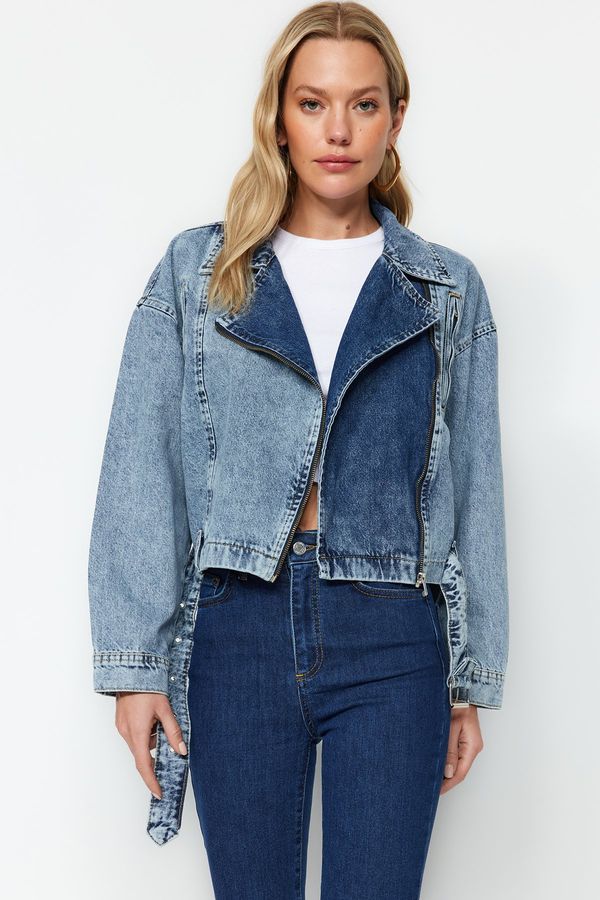 Trendyol Trendyol Blue Zipper Detailed Biker Denim Jacket