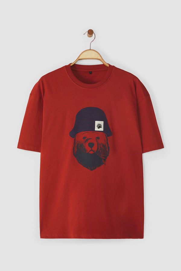 Trendyol Trendyol Brick Oversize/Wide Cut Applique Hat Detail 100% Cotton Short Sleeve T-Shirt