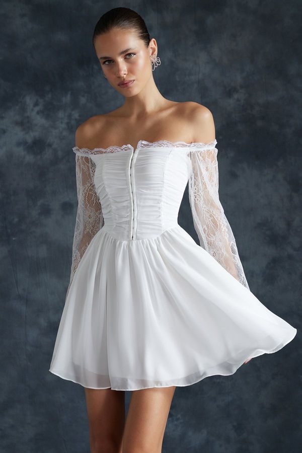 Trendyol Trendyol Bridal White A-Line Lined Agraffiti Chiffon Wedding/Wedding Elegant Evening Dress