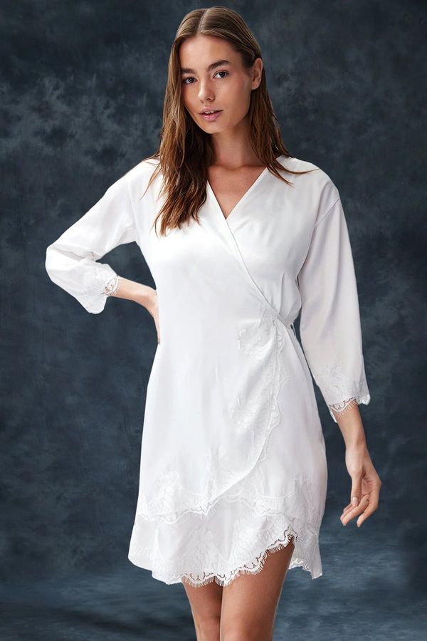 Trendyol Trendyol Bride White Satin Lace and Tie Detailed Woven Dressing Gown