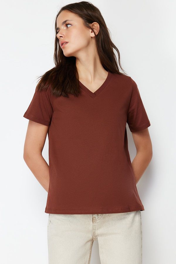 Trendyol Trendyol Brown 100% Cotton Basic V-Neck Knitted T-Shirt