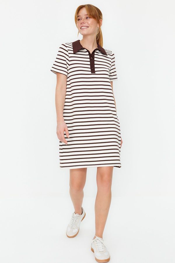 Trendyol Trendyol Brown and White Striped Polo Neck A-Line/A-Line Form Knitted Dress