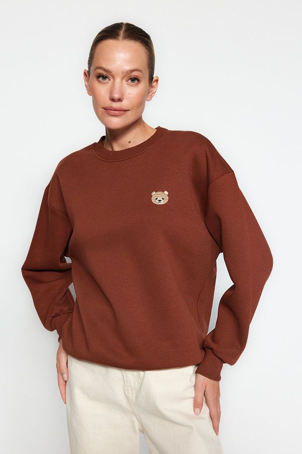 Trendyol Trendyol Brown Animal Embroidered Regular/Normal Fit Fleece Inner Knitted Sweatshirt