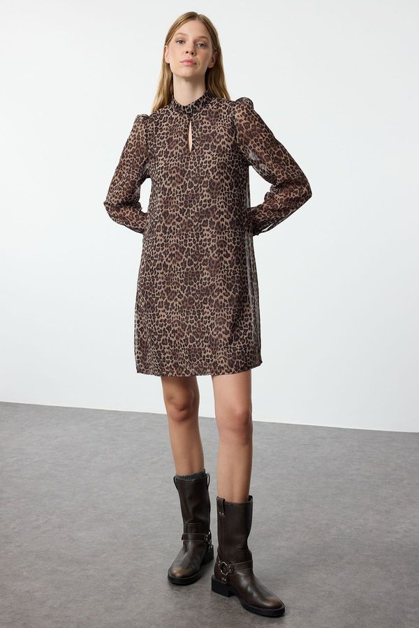 Trendyol Trendyol Brown Animal Patterned Straight Cut Mini Lined Woven Winter Dress