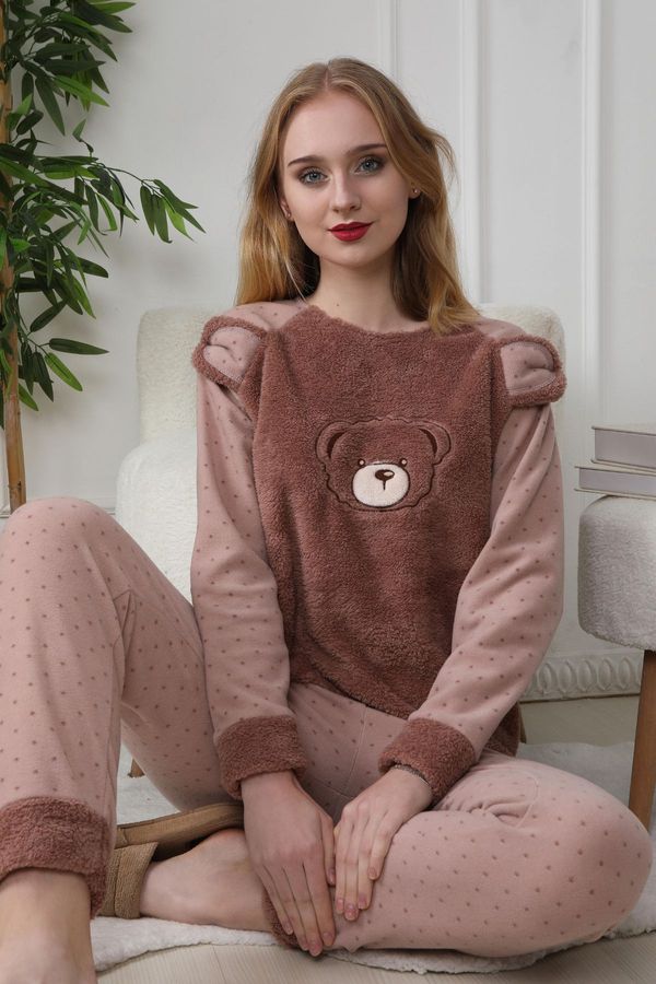 Trendyol Trendyol Brown Bear and Polka Dot Wellsoft Winter Knitted Pajama Set