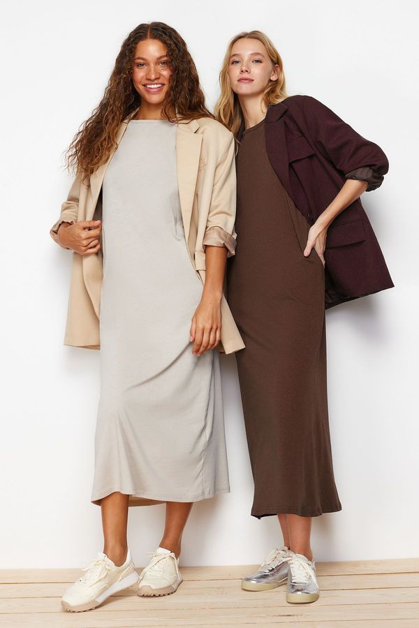 Trendyol Trendyol Brown-Beige 2 Pack 100% Cotton Knitted Lining Dress