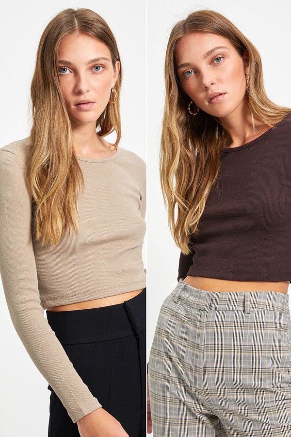 Trendyol Trendyol Brown-Beige 2-Pack Fitted Wide Collar Corduroy Stretchy Crop Knitted Blouse