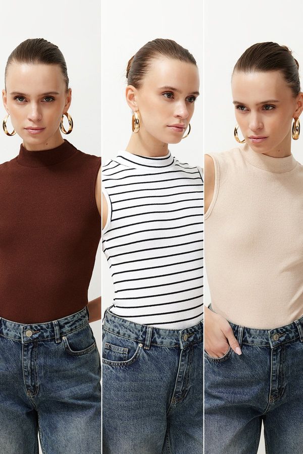 Trendyol Trendyol Brown-Beige-Multicolor 3-Pack Fitted/Fitted Stretch Knitted Blouse