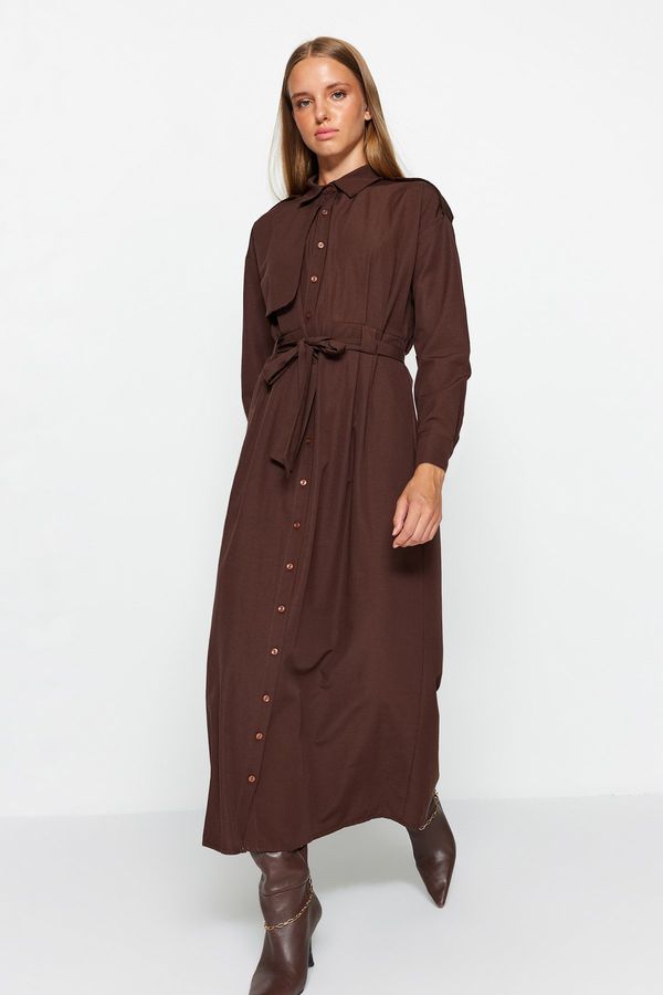 Trendyol Trendyol Brown Belted Aller Pieced Woven Dress