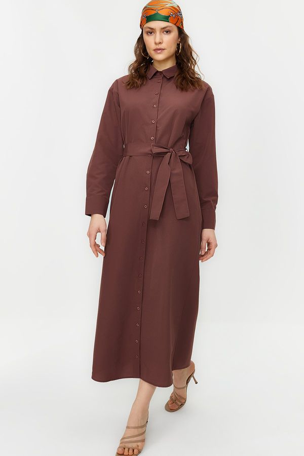 Trendyol Trendyol Brown Belted Cuffed Cotton Woven Shirt Dress