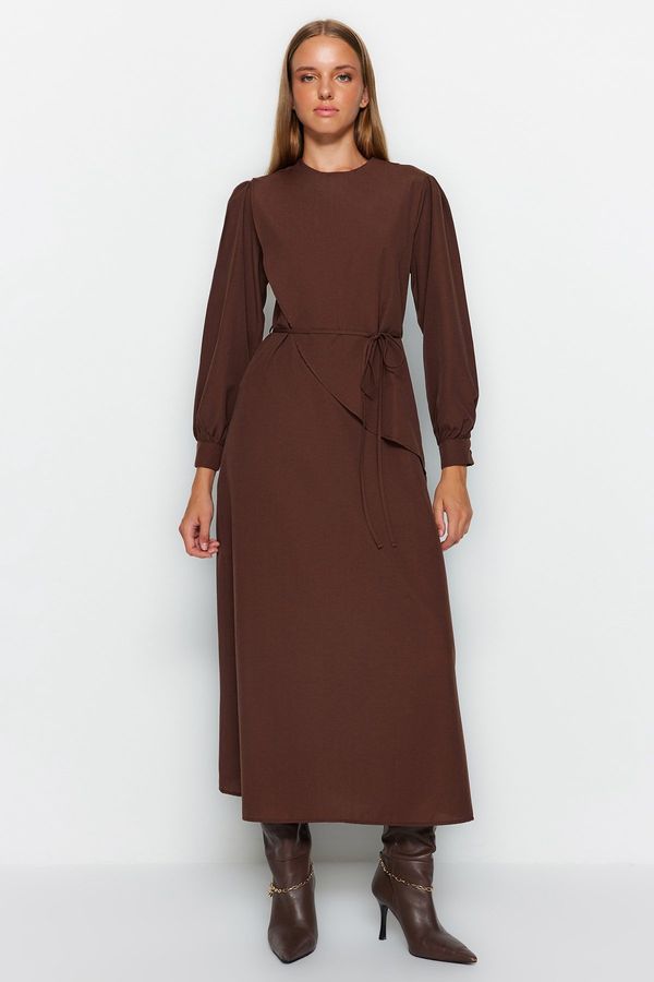 Trendyol Trendyol Brown Belted Front Split Cotton Woven Dress