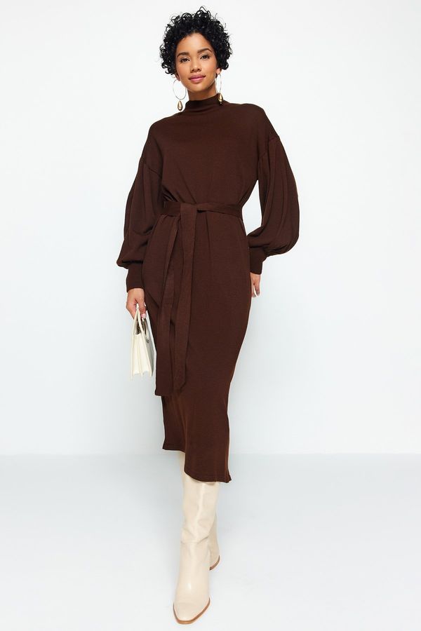 Trendyol Trendyol Brown Belted Half Turtleneck Balloon Sleeve Knitwear Dress