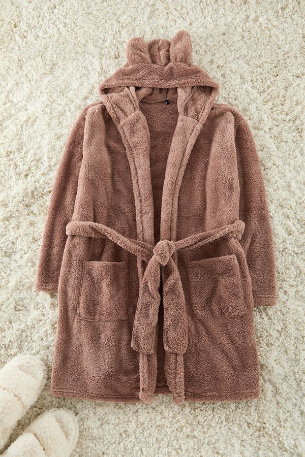 Trendyol Trendyol Brown Belted Hood, Ear and Pocket Detailed Wellsoft Winter Knitted Dressing Gown