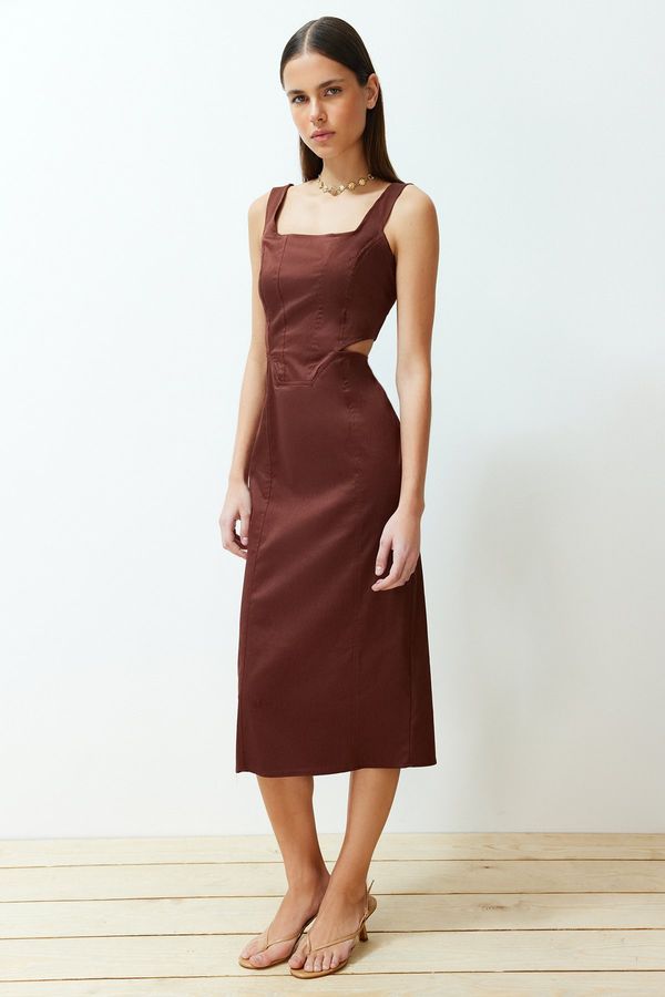 Trendyol Trendyol Brown Body Wrap Cut Out Detailed Square Collar Woven Midi Dress