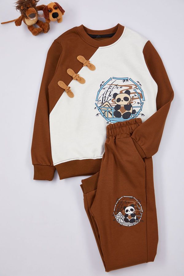 Trendyol Trendyol Brown Boy's Teddy Bear Printed Knitted Bottom-Top Set