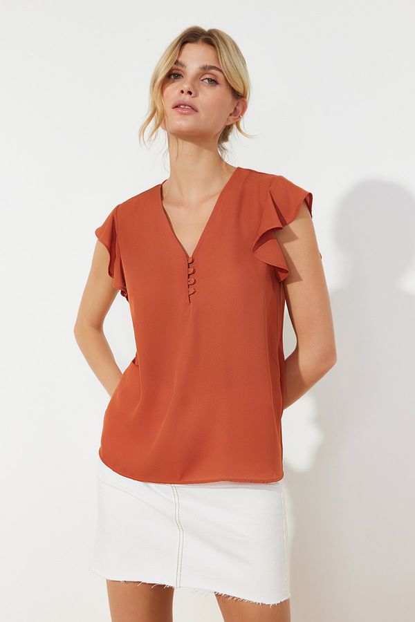 Trendyol Trendyol Brown Button Detailed Flowy Semi-Sheer Woven Blouse