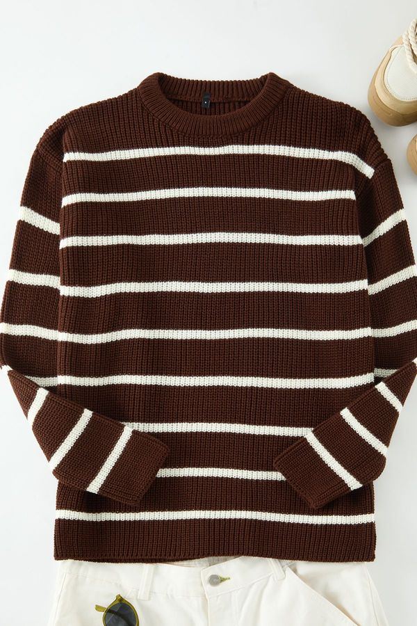 Trendyol Trendyol Brown Casual Oversize Crew Neck Striped Knitwear Sweater